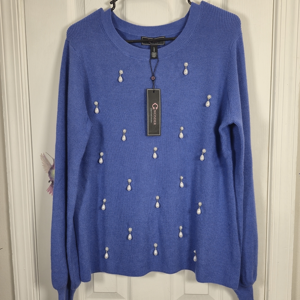 NWT C. Wonder Christian Siriano Blue Pearl Embellished Sweater Size L Coquette